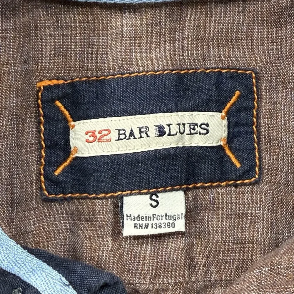 32 Bar Blues Linen Button Shirt S‎ Wine/Burgundy Long Sleeve Elbow Patch Casual